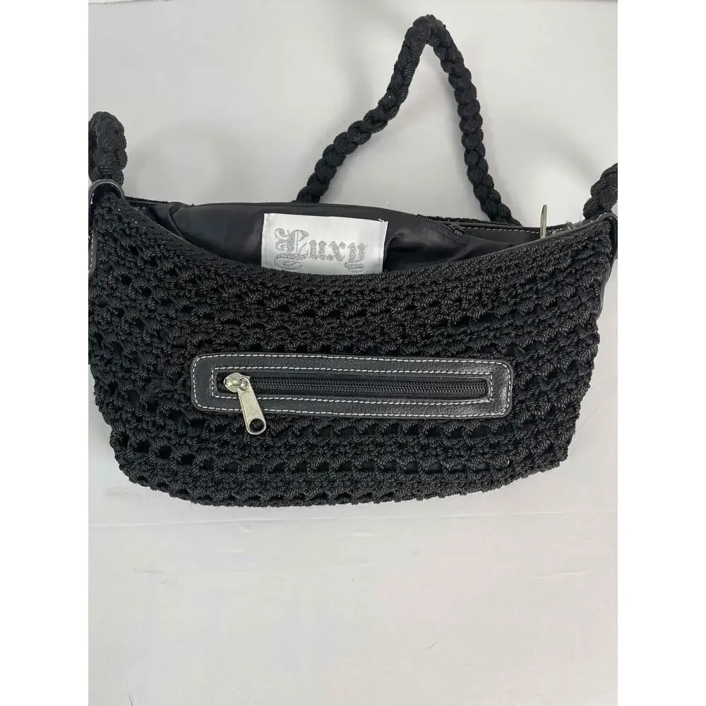 Luxy Womens Black Vegan Leather Crochet Shoulder Bag Purse